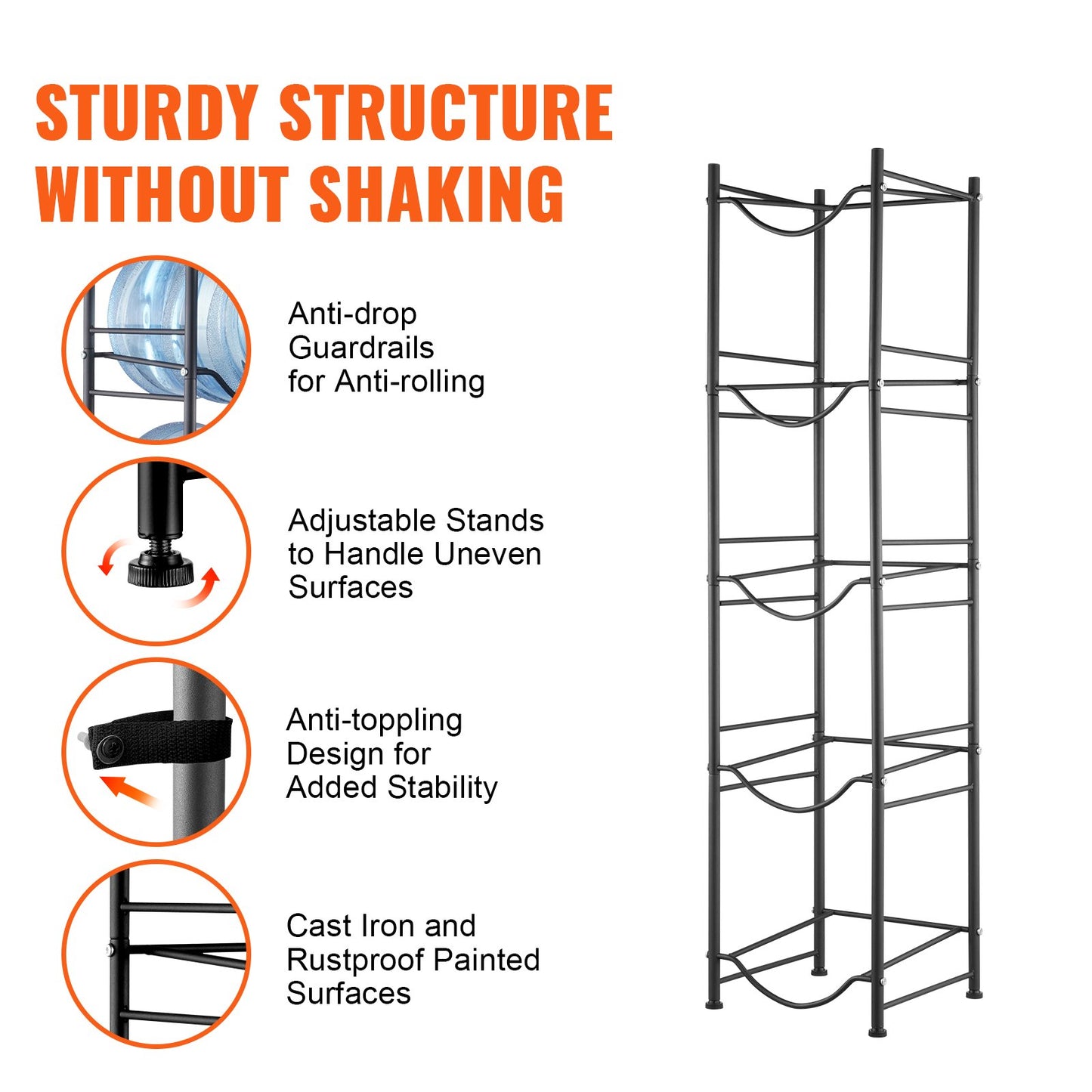 5-Tier Water Jug Holder Rack – Slim Single-Row Bottle Storage for Kitchen, Pantry & Office, Black