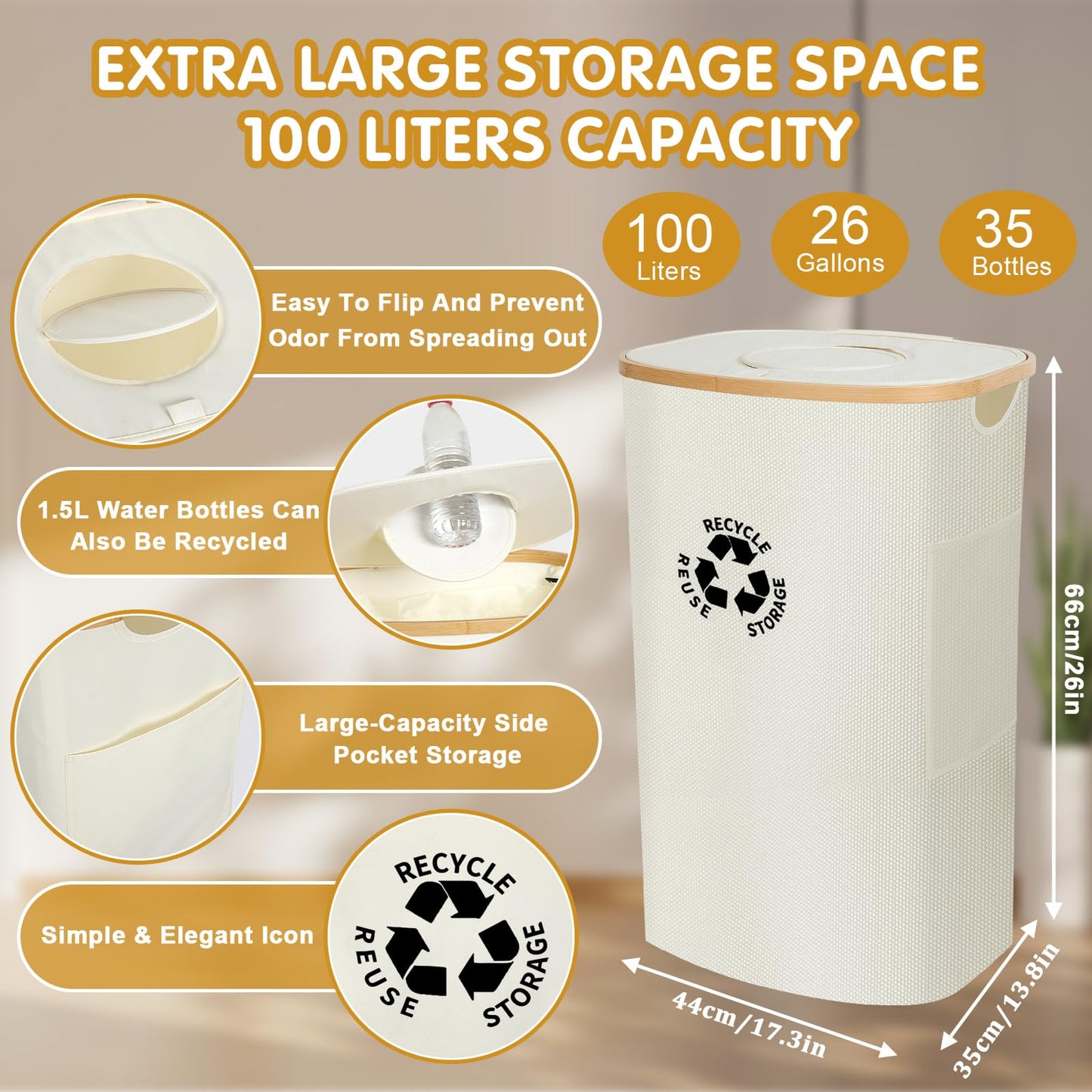 Large Recycling Container with Lid – Eco-Friendly Deposit Bottle & Recyclable Storage Organizer, Beige