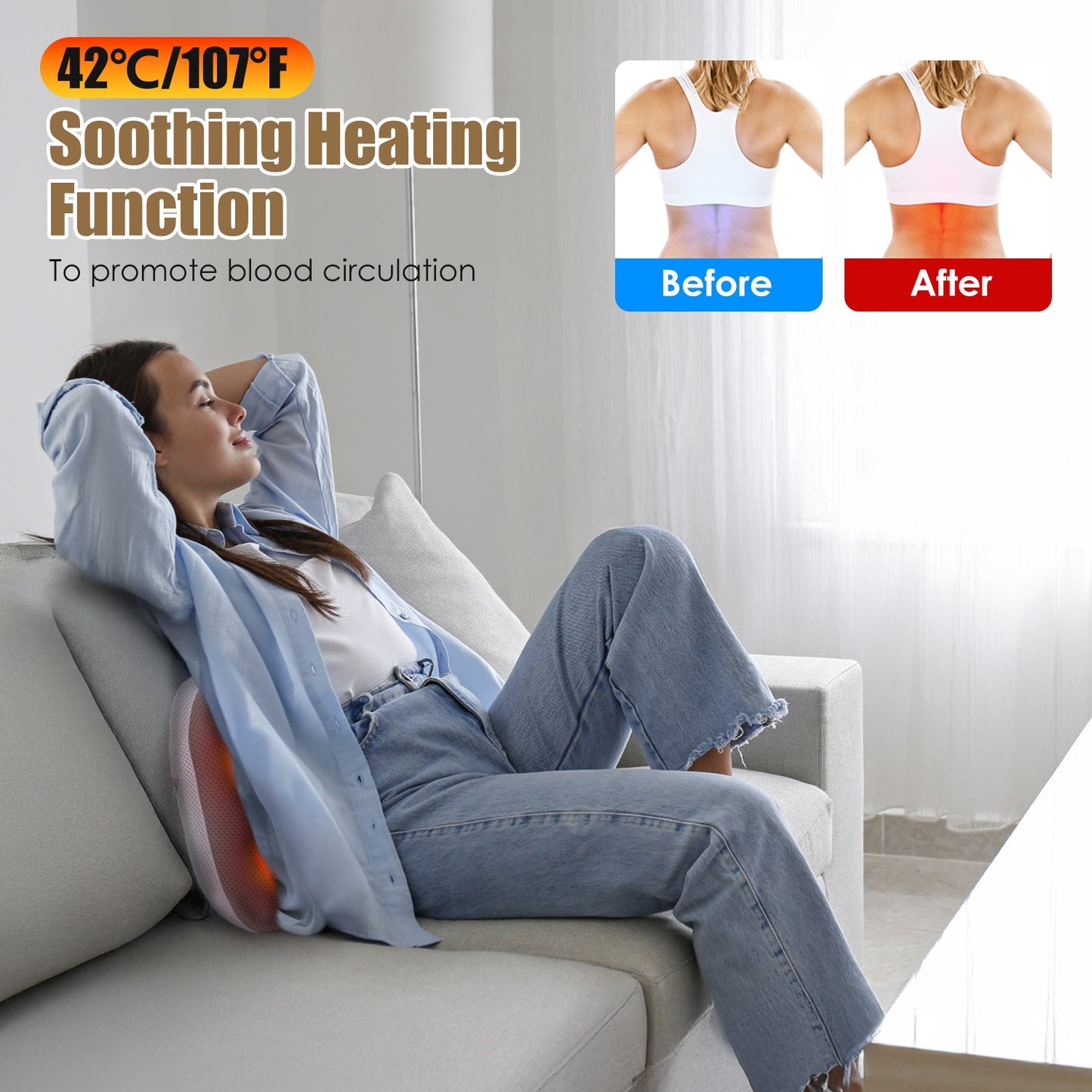 Cordless Shiatsu Back & Waist Massager with Heat – Rechargeable Kneading Lumbar Massage Pillow