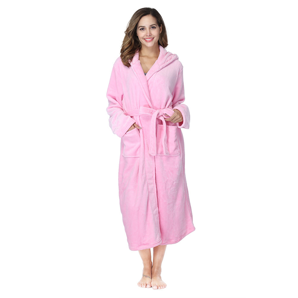 RONGTAI Plush Fleece Long Robe – Hooded Bathrobe with Pockets for Ultimate Cozy Comfort