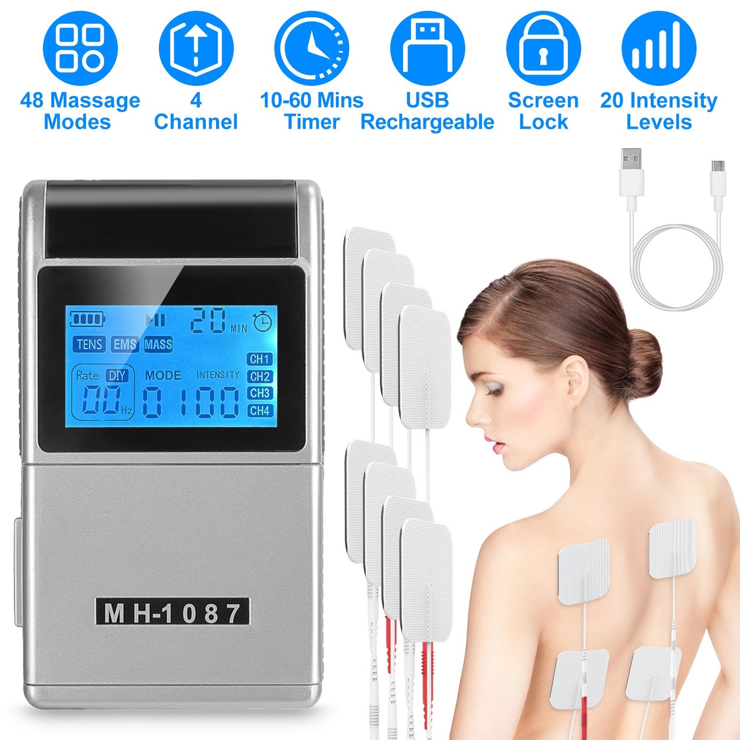 4-Channel TENS Unit Muscle Stimulator – 48 Modes, 20 Intensity Levels, 8 Pads