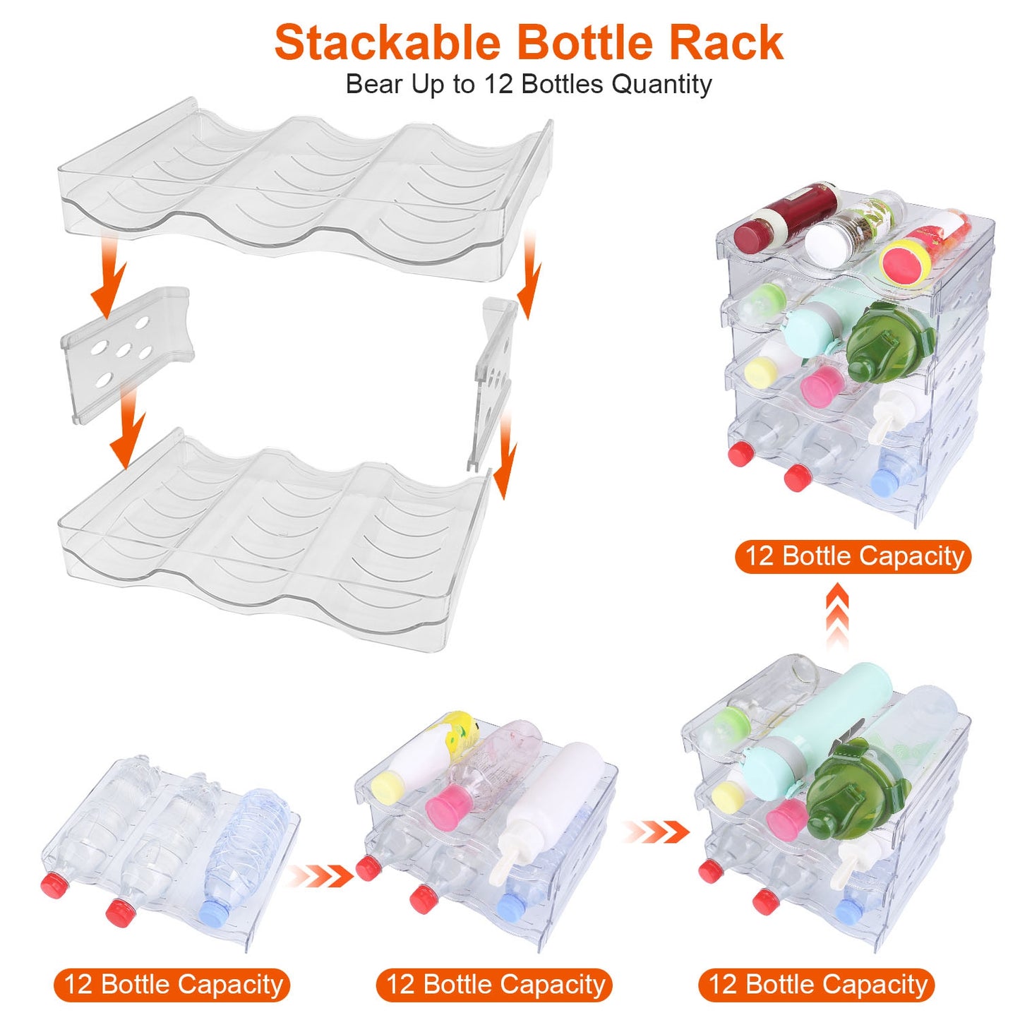 4-Tier Stackable Bottle Organizer – Transparent 12-Bottle Storage Holder for Fridge, Kitchen & Pantry