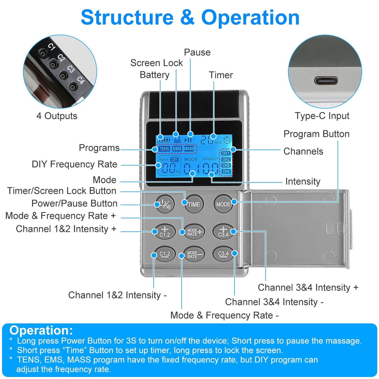 4-Channel TENS Unit Muscle Stimulator – 48 Modes, 20 Intensity Levels, 8 Pads