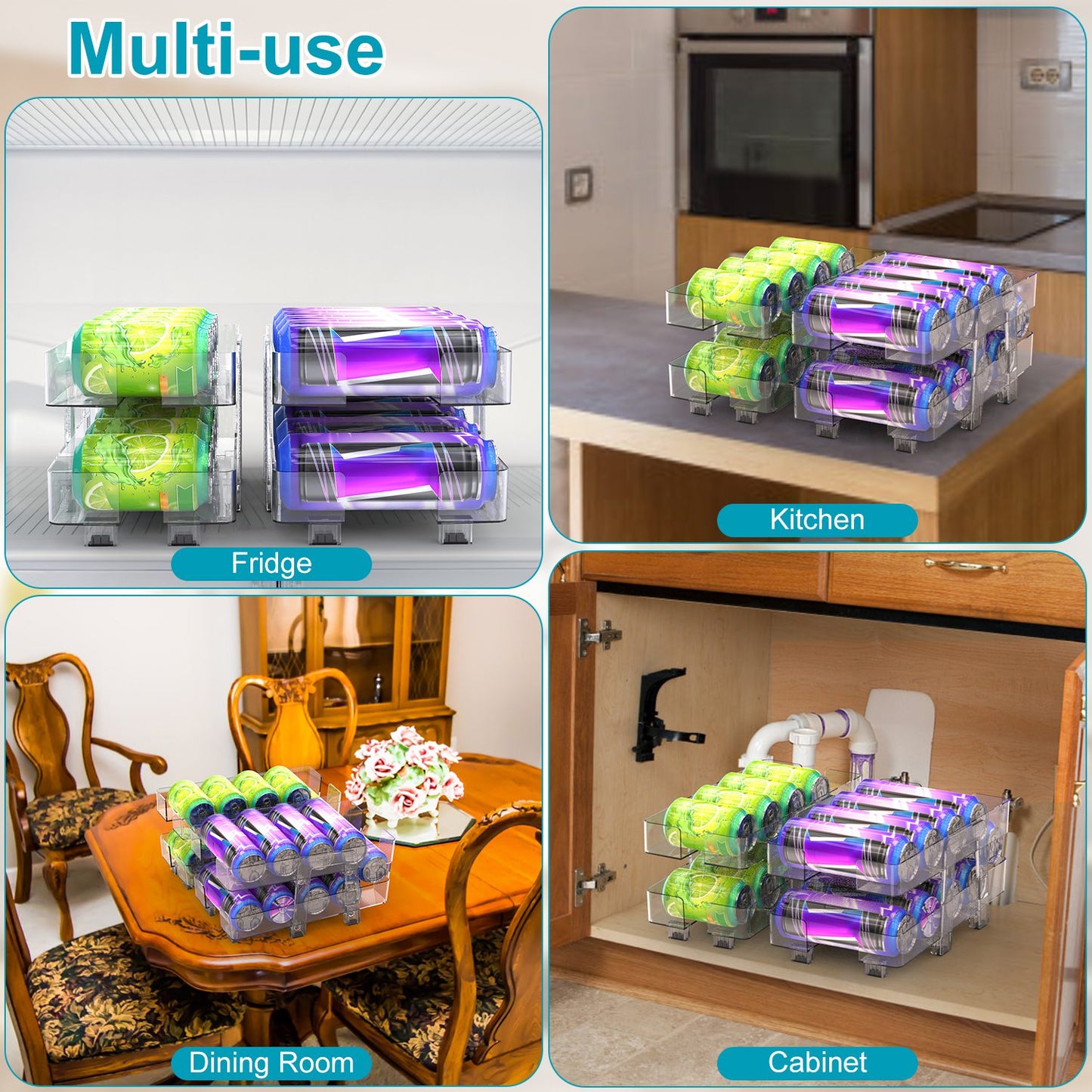 2-Pack Adjustable Soda Can Organizer – 2-Tier Auto-Rolling Beverage Dispenser for Fridge, Pantry & Cabinet