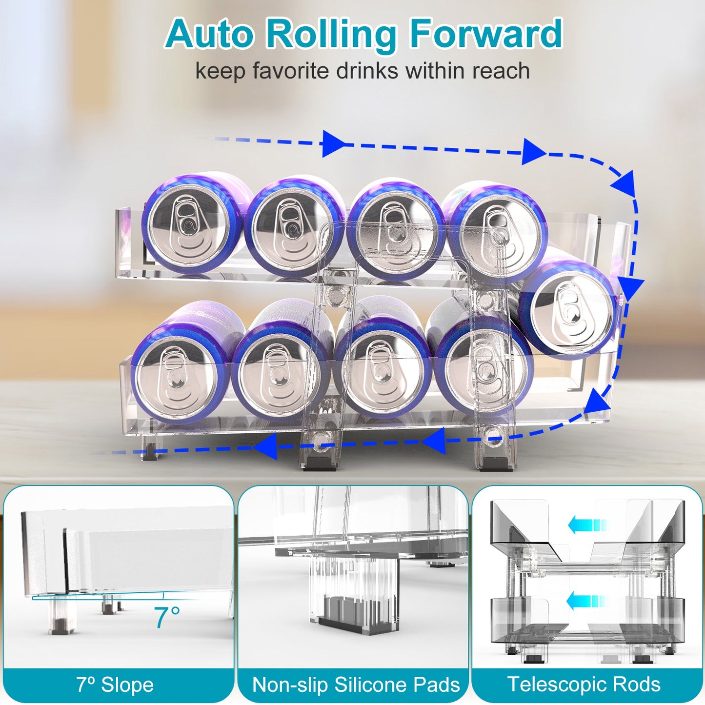 2-Pack Adjustable Soda Can Organizer – 2-Tier Auto-Rolling Beverage Dispenser for Fridge, Pantry & Cabinet