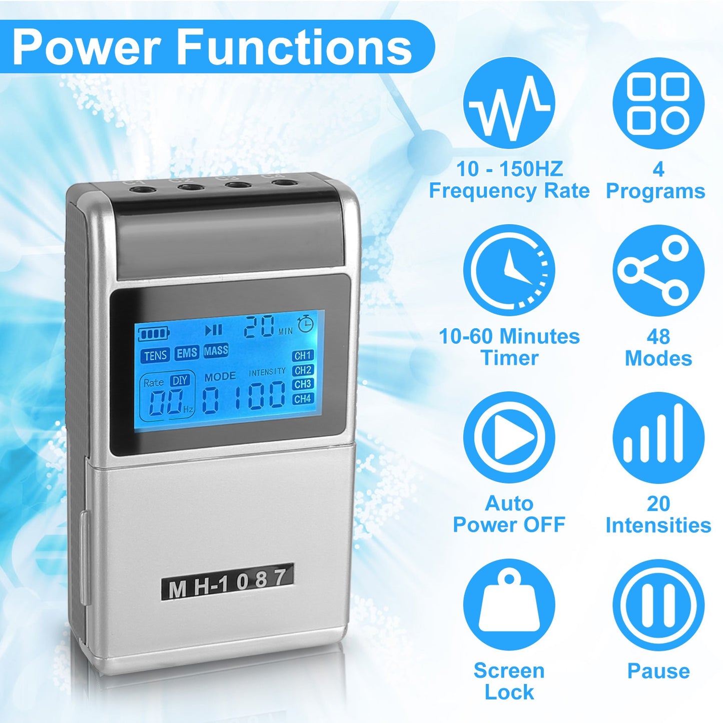 4-Channel TENS Unit Muscle Stimulator – 48 Modes, 20 Intensity Levels, 8 Pads