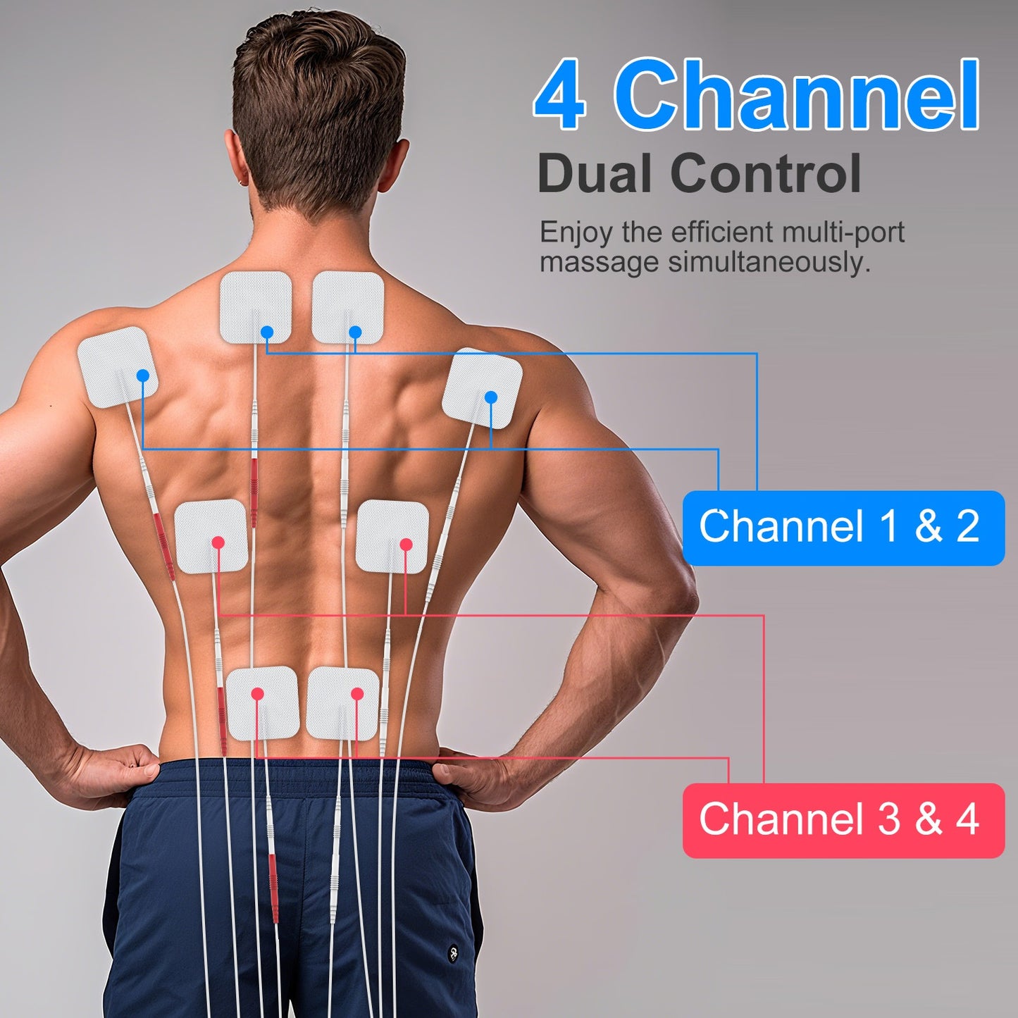 4-Channel TENS Unit Muscle Stimulator – 48 Modes, 20 Intensity Levels, 8 Pads