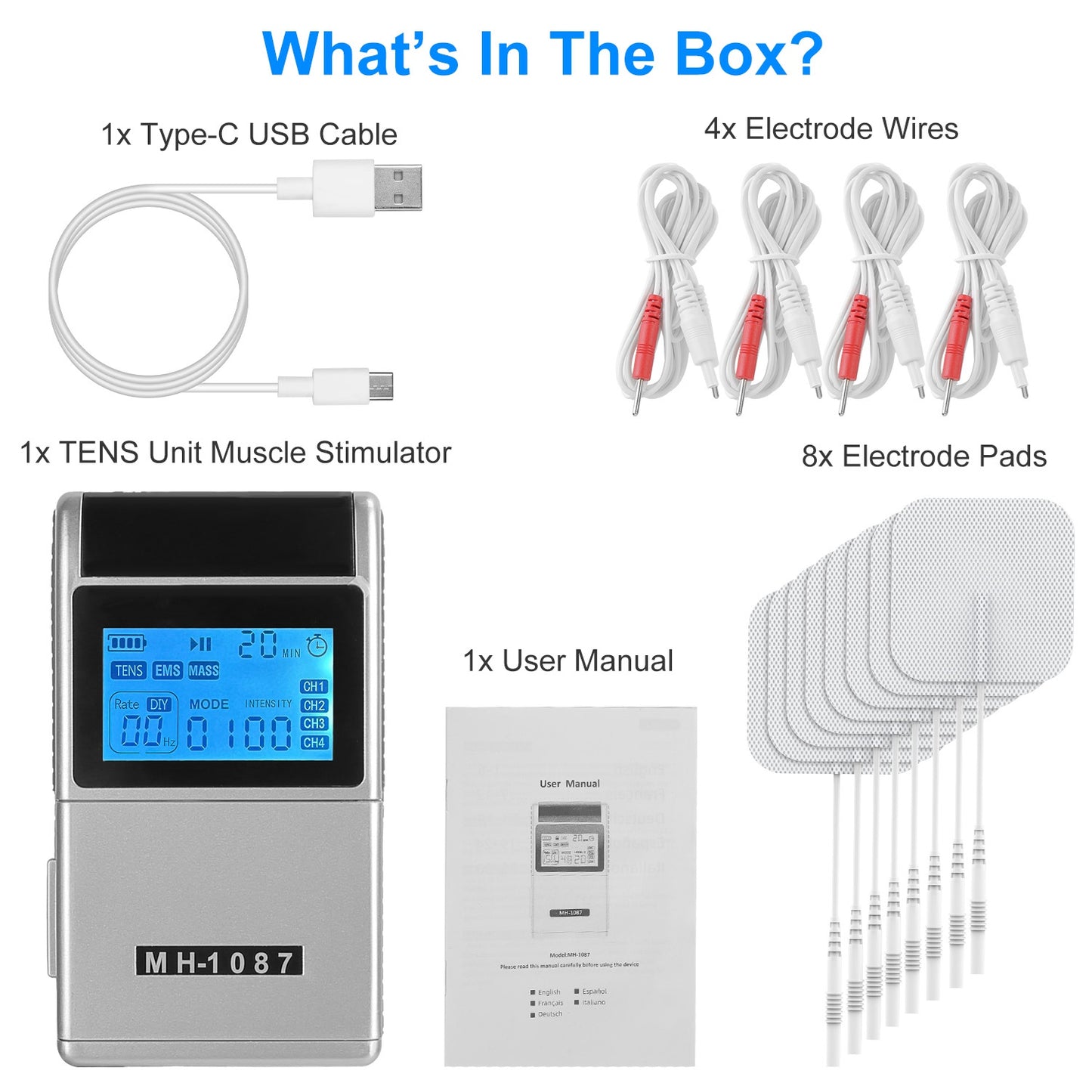 4-Channel TENS Unit Muscle Stimulator – 48 Modes, 20 Intensity Levels, 8 Pads