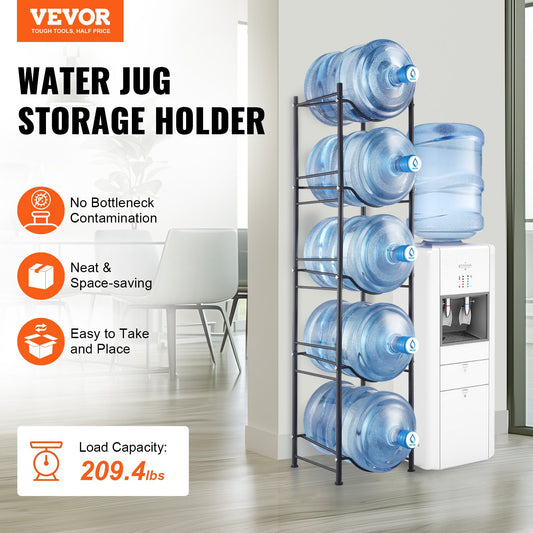 5-Tier Water Jug Holder Rack – Slim Single-Row Bottle Storage for Kitchen, Pantry & Office, Black