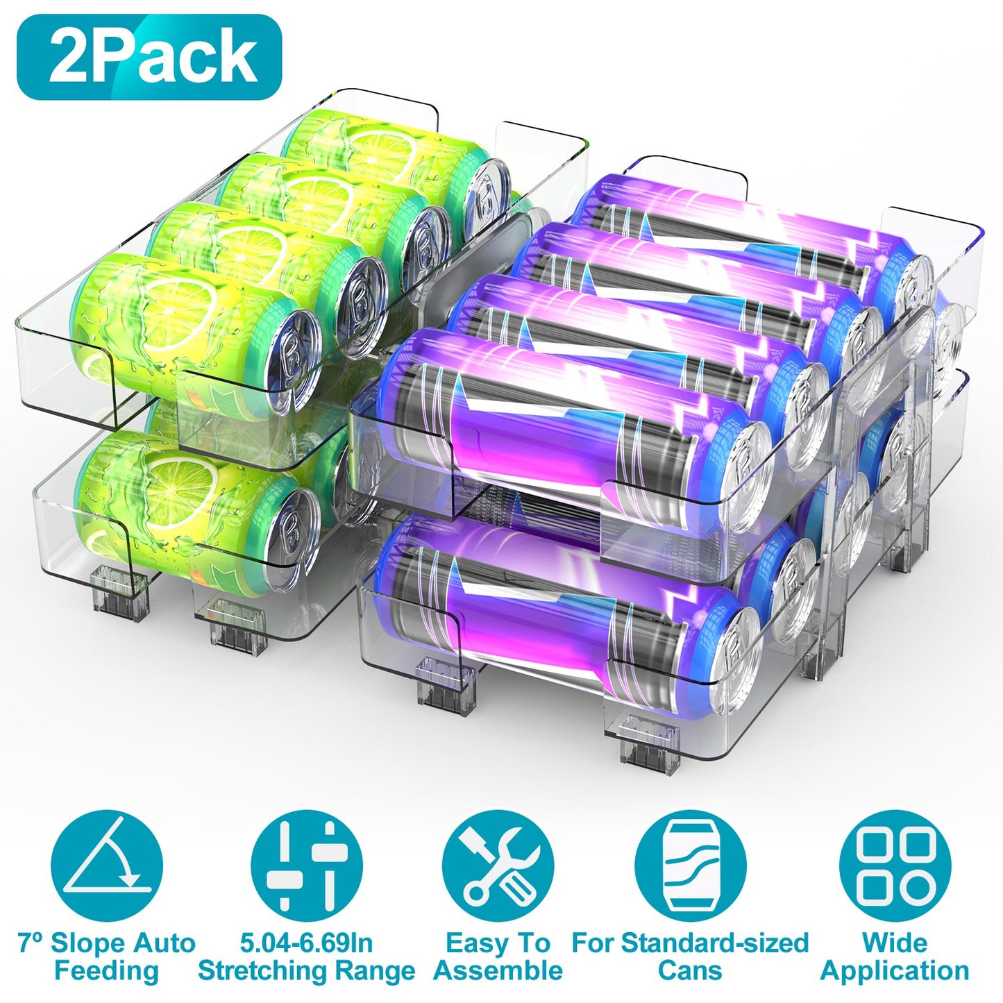 2-Pack Adjustable Soda Can Organizer – 2-Tier Auto-Rolling Beverage Dispenser for Fridge, Pantry & Cabinet