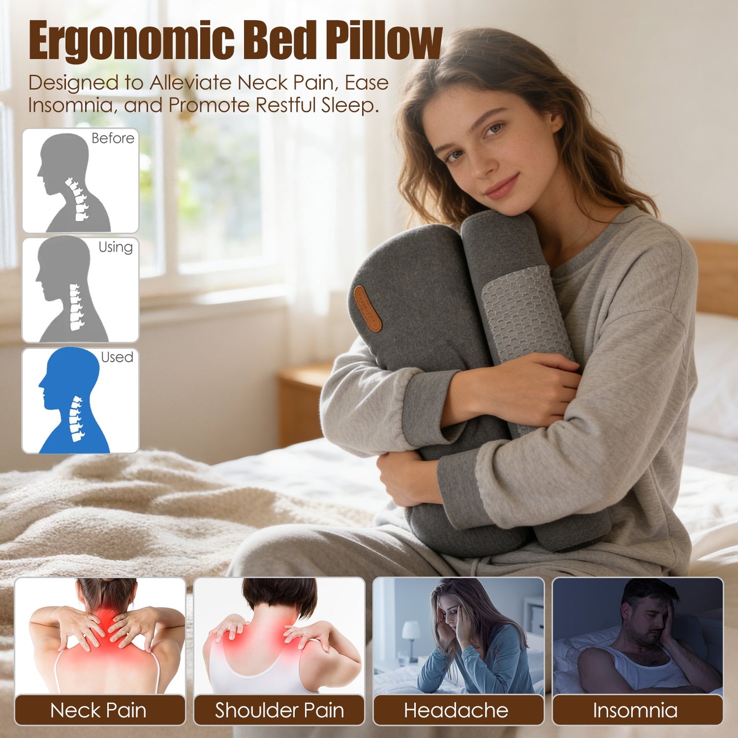 USB Heated Neck Pillow – Zero-Pressure Memory Foam Cervical Support with Heat & Eye Mask for Deep Sleep