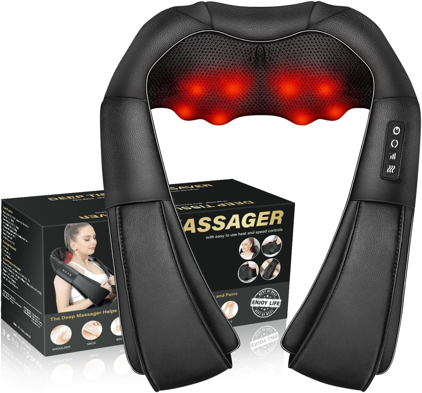 Electric Shiatsu Neck, Back & Shoulder Massager With Heat – Deep Tissue Kneading
