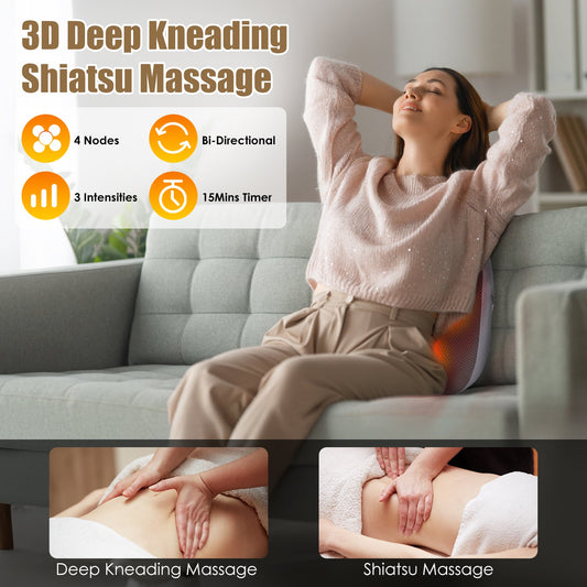 Cordless Shiatsu Back & Waist Massager – Rechargeable Kneading Heat Pillow for Lower Back Pain Relief