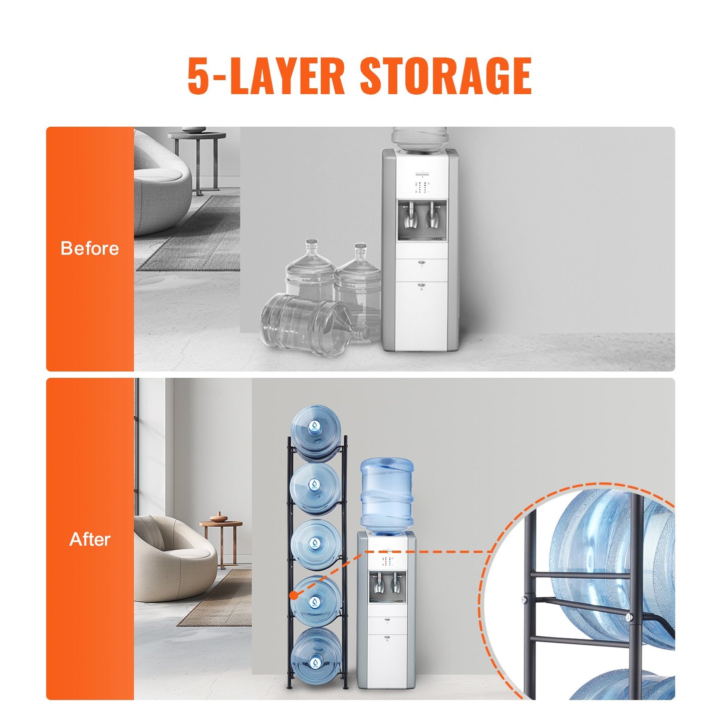 5-Tier Water Jug Holder Rack – Slim Single-Row Bottle Storage for Kitchen, Pantry & Office, Black