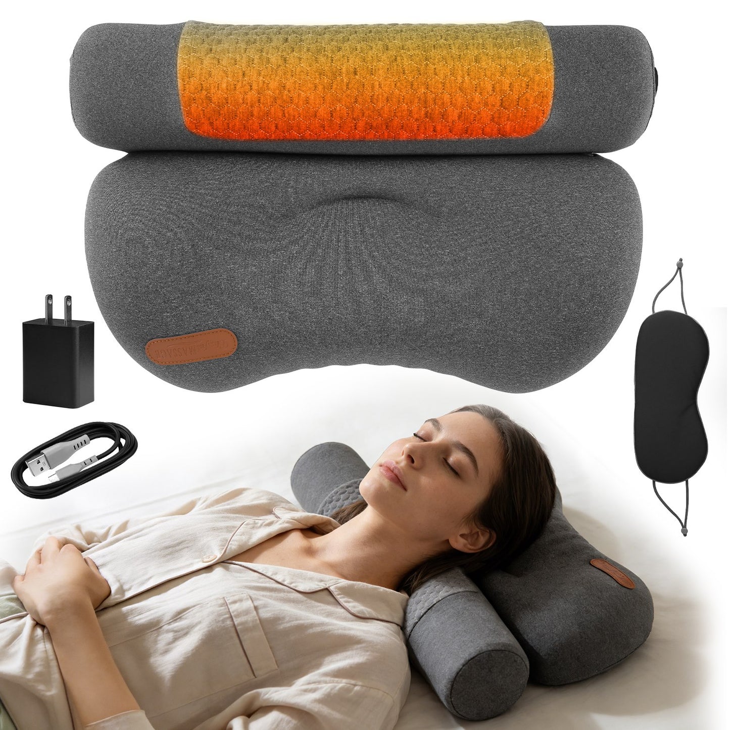 USB Heated Neck Pillow – Zero-Pressure Memory Foam Cervical Support with Heat & Eye Mask for Deep Sleep