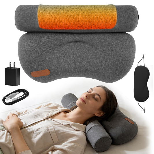 USB Heated Neck Pillow – Zero-Pressure Memory Foam Cervical Support with Heat & Eye Mask for Deep Sleep