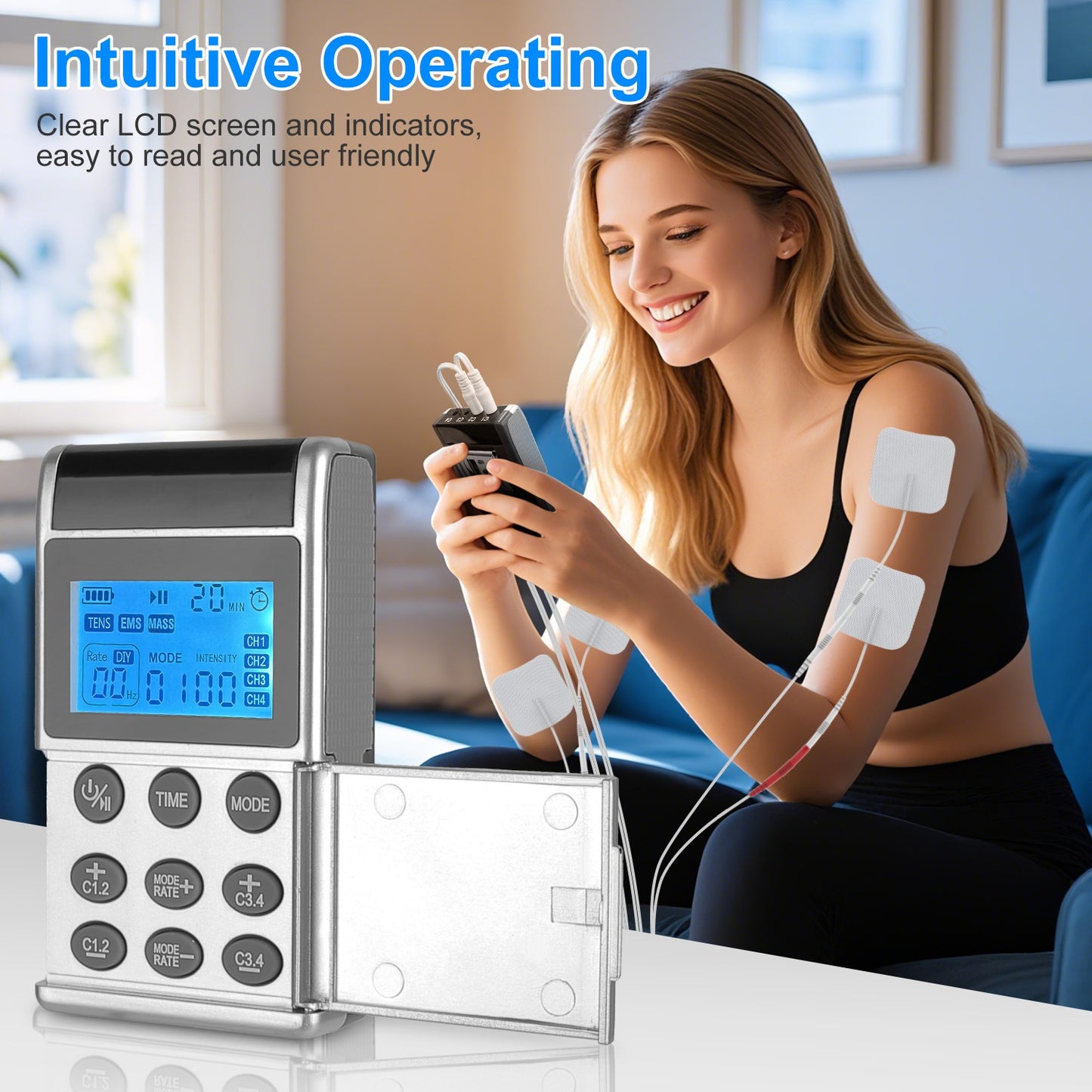 4-Channel TENS Unit Muscle Stimulator – 48 Modes, 20 Intensity Levels, 8 Pads