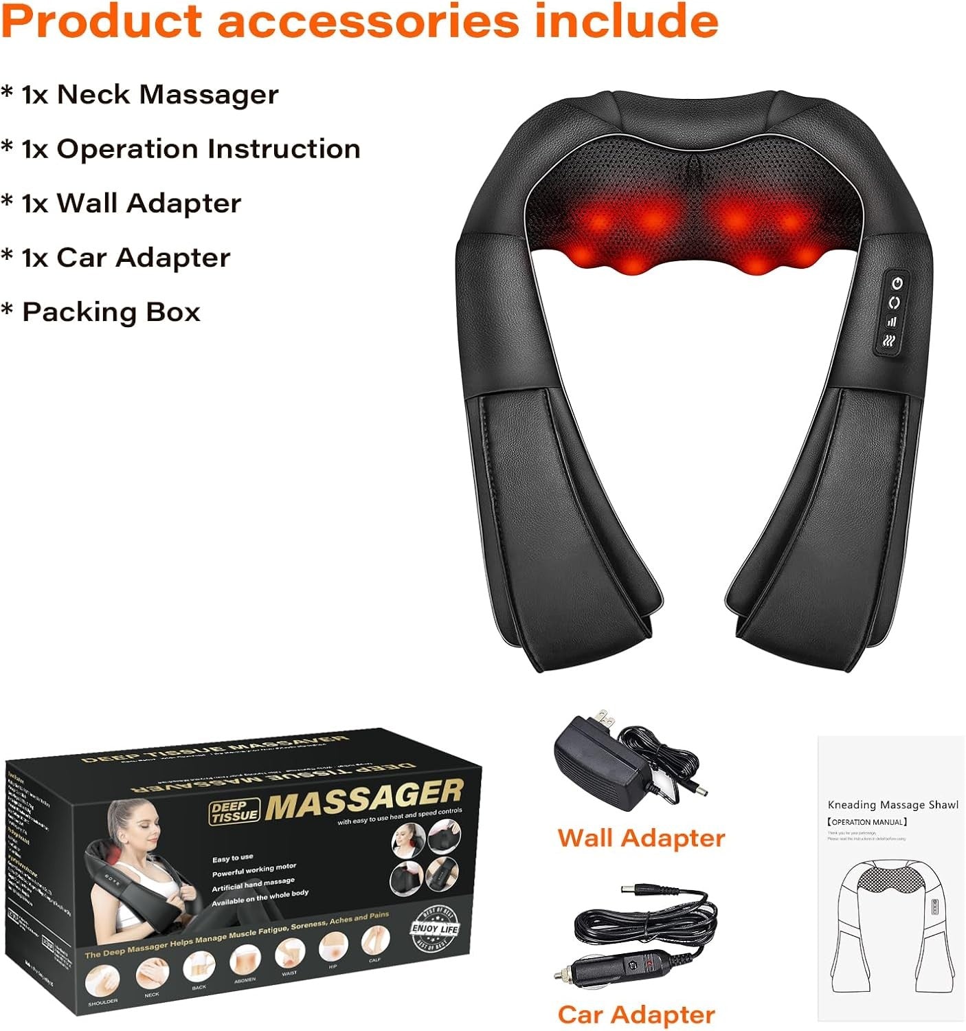 Electric Shiatsu Neck, Back & Shoulder Massager With Heat – Deep Tissue Kneading