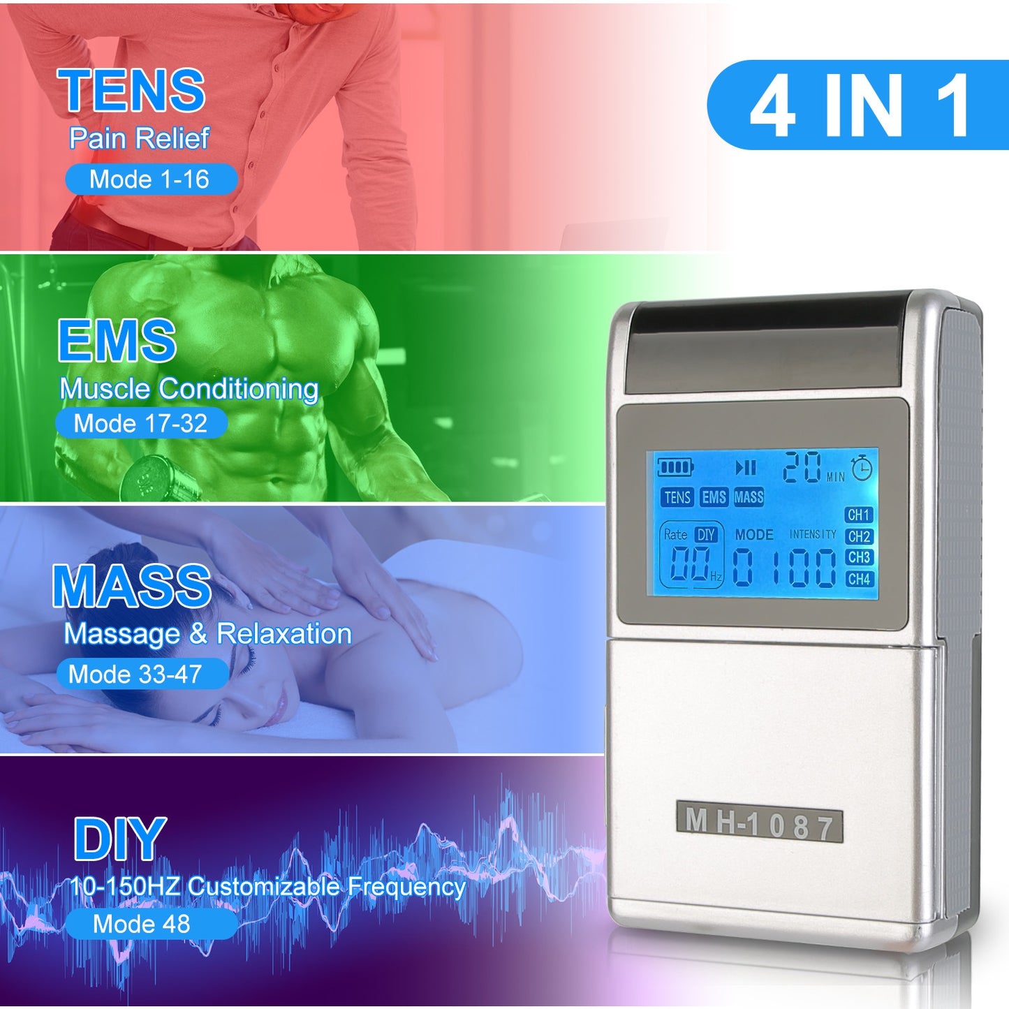 4-Channel TENS Unit Muscle Stimulator – 48 Modes, 20 Intensity Levels, 8 Pads