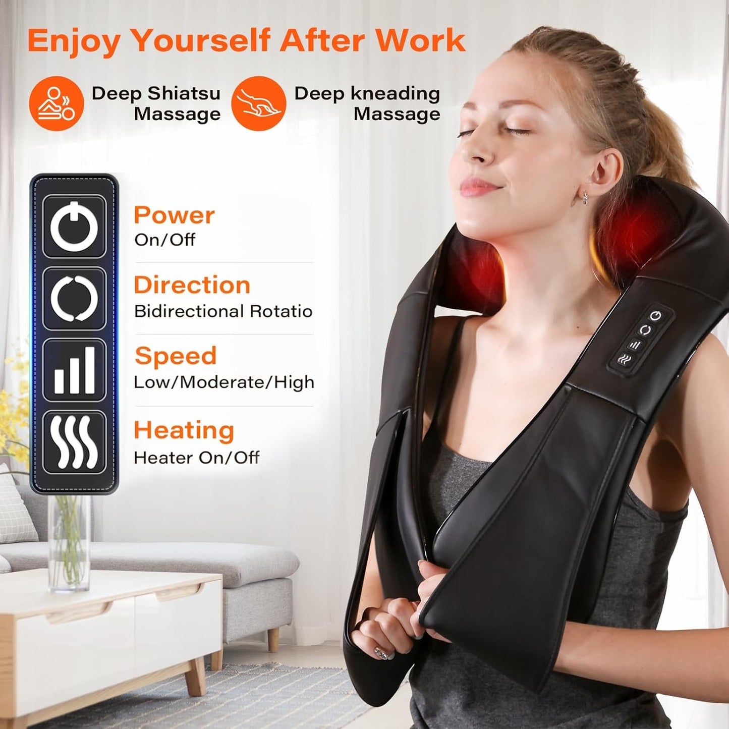 Electric Shiatsu Neck, Back & Shoulder Massager With Heat – Deep Tissue Kneading