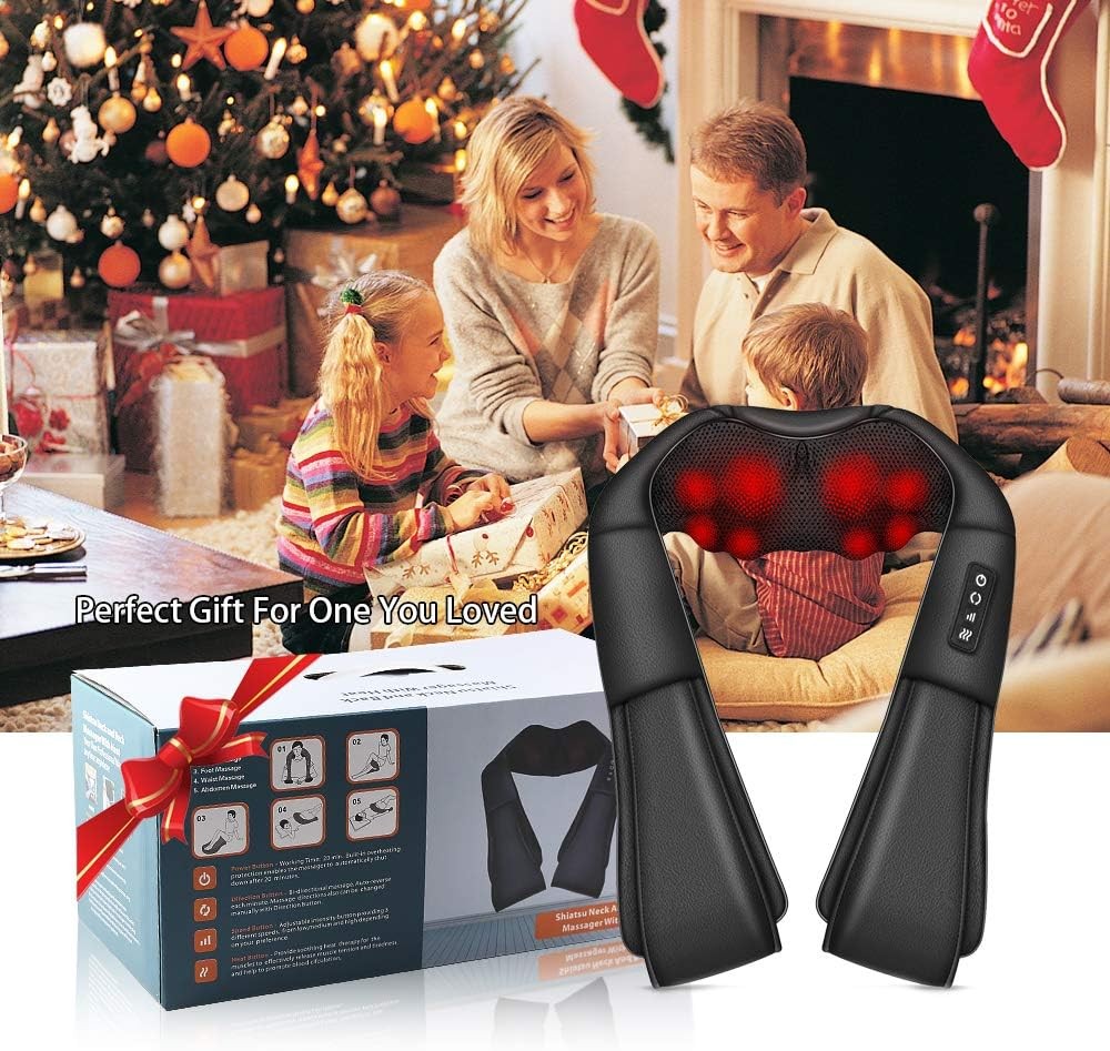 Electric Shiatsu Neck, Back & Shoulder Massager With Heat – Deep Tissue Kneading