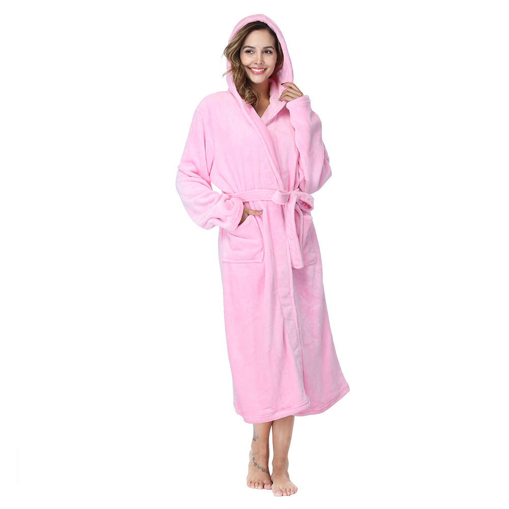 RONGTAI Plush Fleece Long Robe – Hooded Bathrobe with Pockets for Ultimate Cozy Comfort
