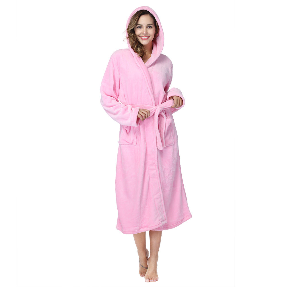RONGTAI Plush Fleece Long Robe – Hooded Bathrobe with Pockets for Ultimate Cozy Comfort